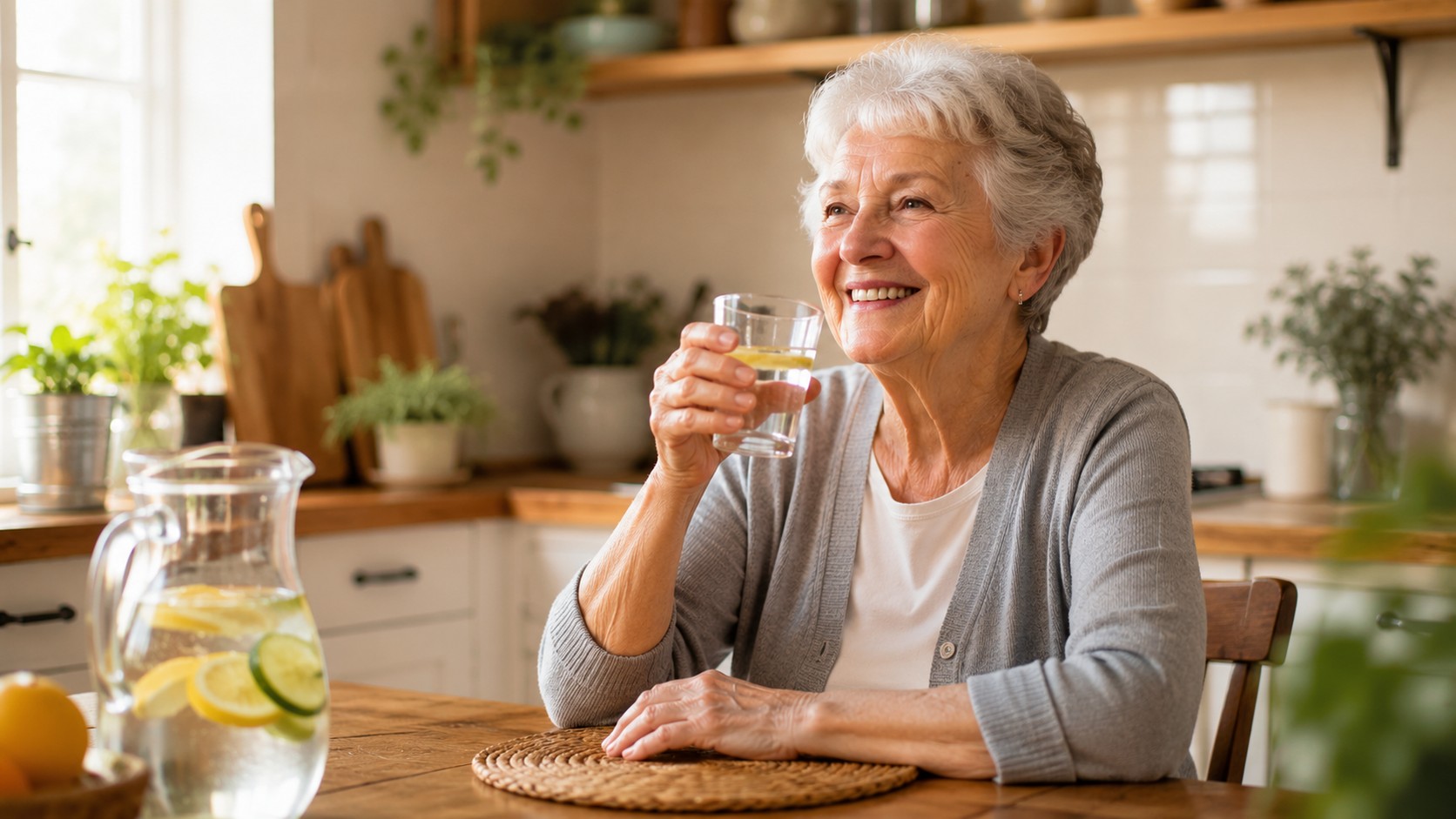 Une personne âgée souriante buvant un verre d'eau fraîche dans sa cuisine