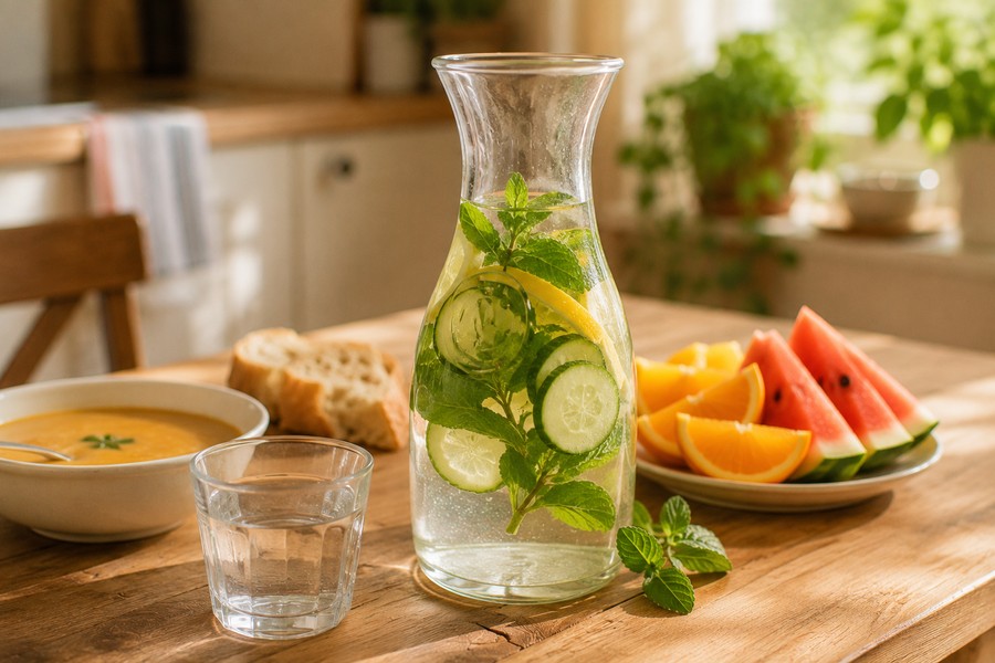 Carafe d'eau aromatisée aux fruits et légumes, avec soupe et fruits juteux