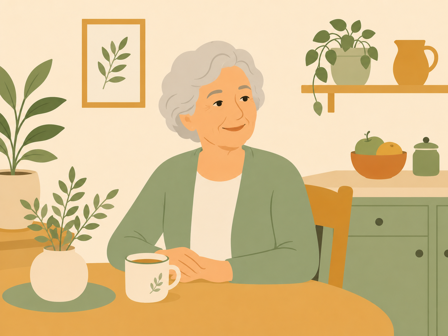 Personne âgée souriante installée à sa table avec une tasse, ambiance calme et chaleureuse