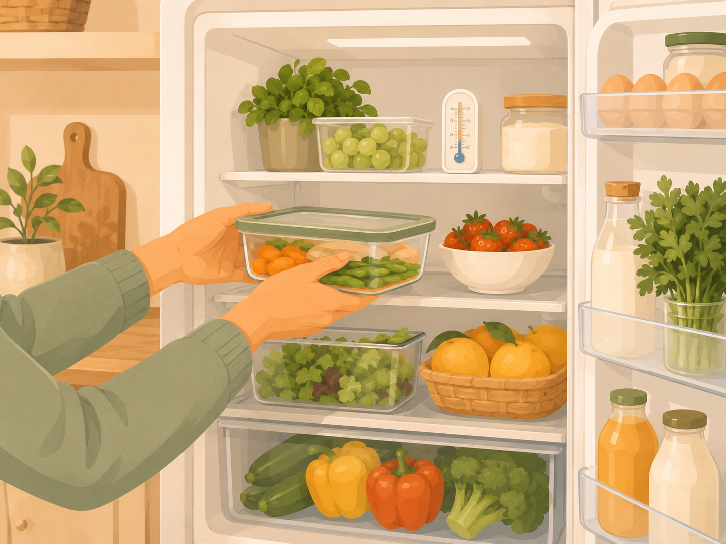Main rangeant des produits frais dans un réfrigérateur bien organisé, avec thermomètre visible