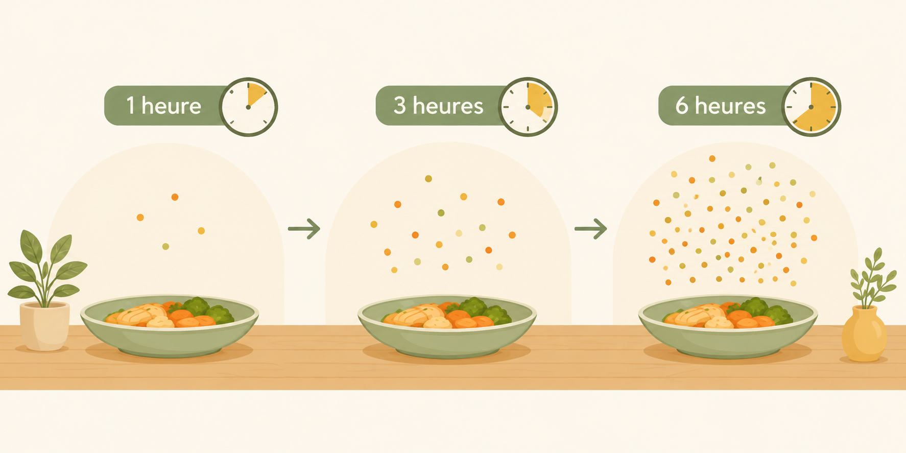 Frise illustrant l'évolution du risque bactérien selon le temps passé à température ambiante