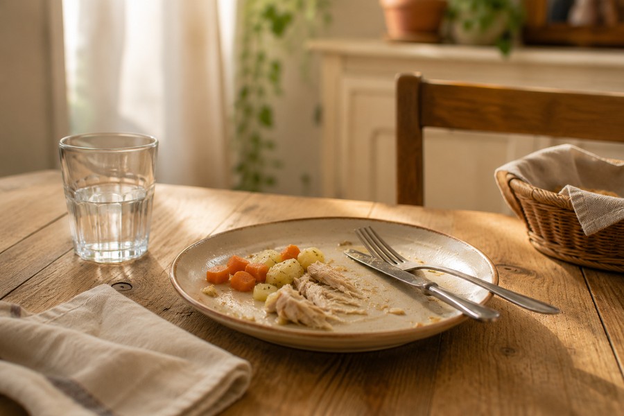 Table de repas familial avec une assiette entamée et un verre d'eau, ambiance calme