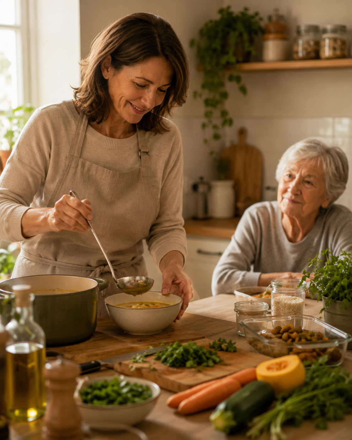 Préparation d'un repas simple pour une personne âgée, dans une cuisine familiale