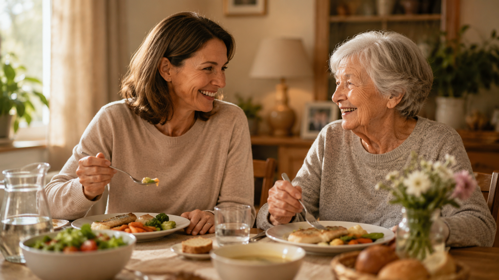 Un aidant partage un repas chaleureux avec son parent âgé, à la maison