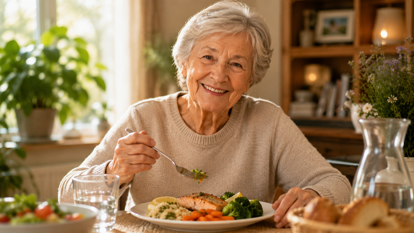 Une personne âgée souriante à table devant un repas appétissant